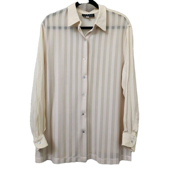 Vintage Kenar Studio Sheer Stripe Button Down Shirt Cream Long Sleeve Large Y2K - Picture 1 of 10